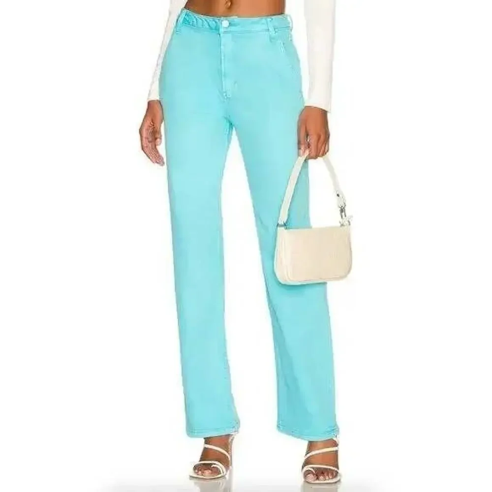 AFRM Jeans Women 30 Teal Blue Fez High Rise Utility Straight Carpenter Denim NWT